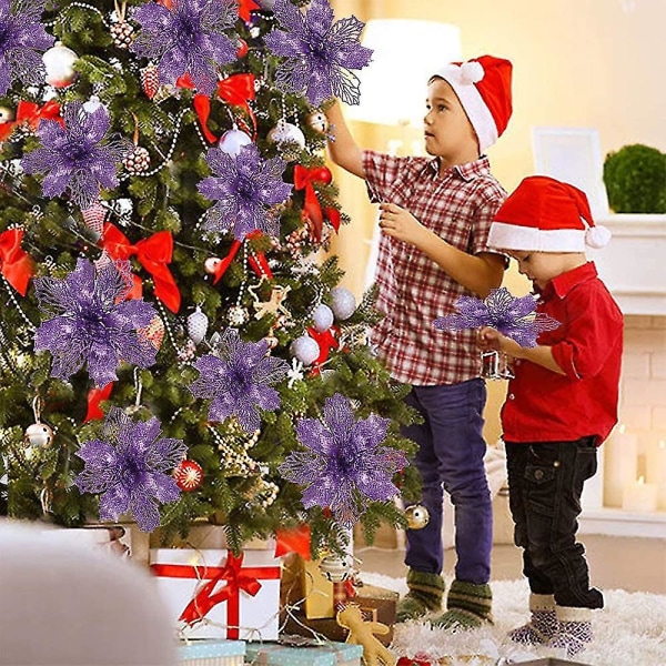 24 stk. Juleblomster, Juleblomster Dekoration, Juletræspynt Glitter Julestjerne, Glitter Juletræ, Kunstige Blomster Jul