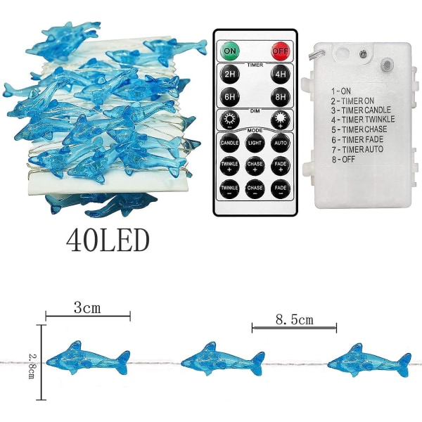 Dolphin Dekorative Lysstreng, 3 Meter 40 LED 8 Tilstande Køligt Hvidt Vejrbestandig Batteridrevet Ocean Tema Lys Til Soveværelser Fester Bryllupper Have