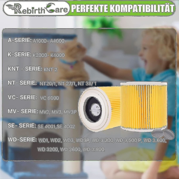 2-pack patronfilter för Wd3 Premium Wd2 Wd3 Wd3p Wd3 Mv2 Mv3 Filter Wd3 Ersättningsfilter för Krcher vakuum