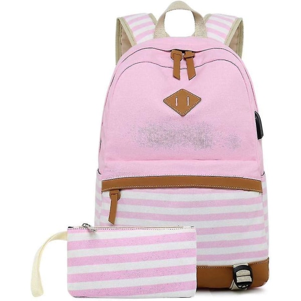 Canvas College Student Taske Laptop Usb Rygsæk Gymnasium Rygsæk Til Mænd Kvinder (pink) (hy)