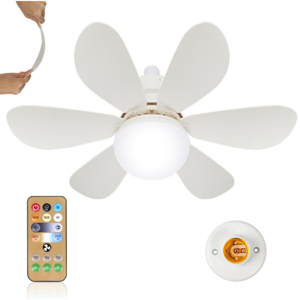 Takfläktar med Belysning och Fjärrkontroll, 40W Dimbar LED Takfläkt med 6 Blad, E27 Konverteringsbas, 3 Hastigheter 3 Färger Mod
