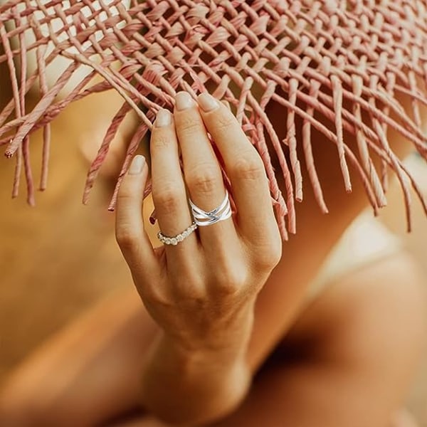 Enkel ring med multi rader parallella linjer, tjock platinapläterad sterling silver tumme pekfingerband Ring för kvinnor tjejer