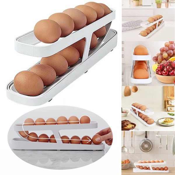 Automatisk rullende eggstativ for oppbevaringsboks Eggdispenser Hvit