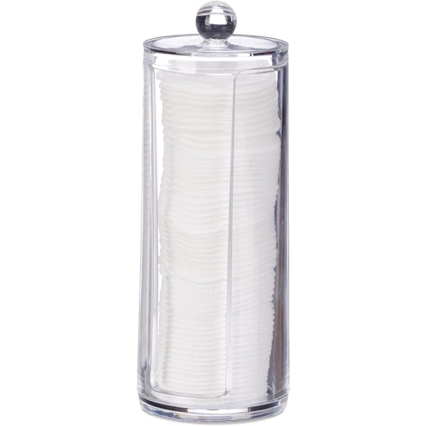 Bomullsrondellbehållare med lock, plast, smink, förvaring badrum & sminkbord, 20 x 7 cm, transparent, polystyren
