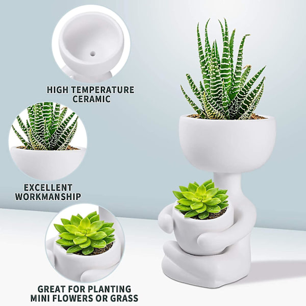 Jinyi Keramisk Plantepot Portræt Blomsterpot Bord Sukkulent Kaktus Vase Siddende Menneskeformet Blomsterholder Desktop Plantebeholder (1 stk, Sort)