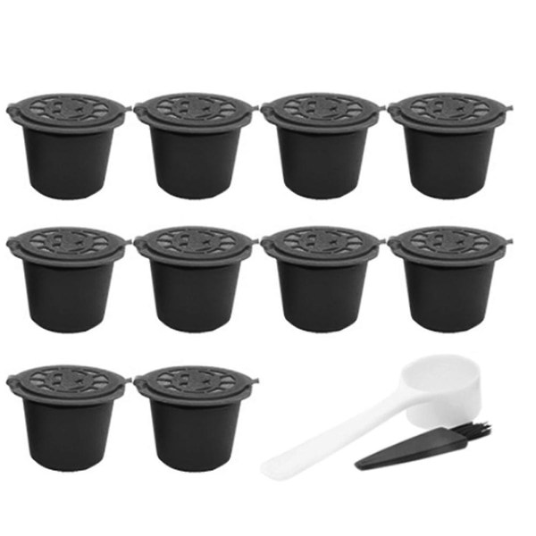 10 stk. Genanvendelige genopfyldelige kaffekapselfiltre til Nespresso med skebørste Køkken tilbehør sort