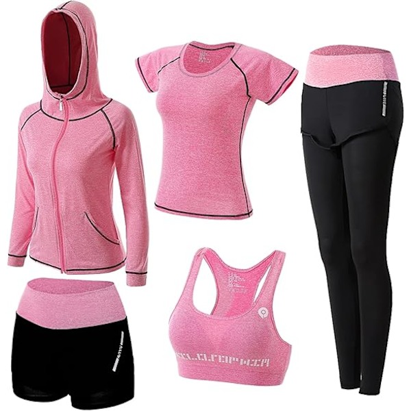 5-delt kvinners yogadrakt treningsdress kvinners aktivtøysett sport yoga fitnessklær dame treningsantrekk sportsdrakter for løping jogging gym pink L