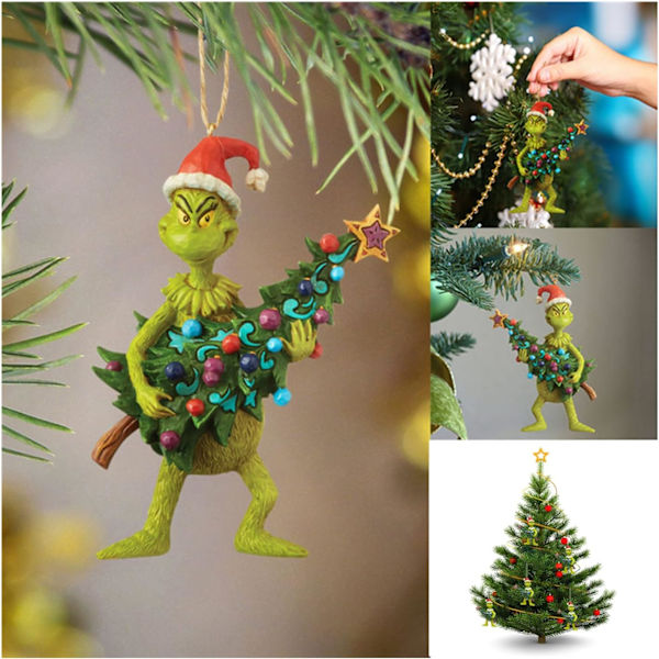 Hylder Grinch Hængende Pynt Julepynt Vedhæng, Sjove Harpiks Grøn Grinch Julepynt Til Hjemmet Feriefest (Grinch Med Træ)