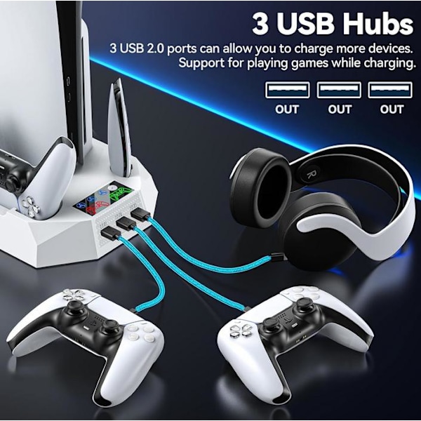 PS5/Slim/Pro konsolille universaali jäähdytysteline tuulettimen pohja, monitoiminen kaksi-yhdessä ohjain suoraan liitettävä lataus White
