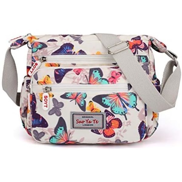 Kvinners multi-lomme vesker, casual crossbody vesker vanntett nylon skulder vesker (Butterfly White)