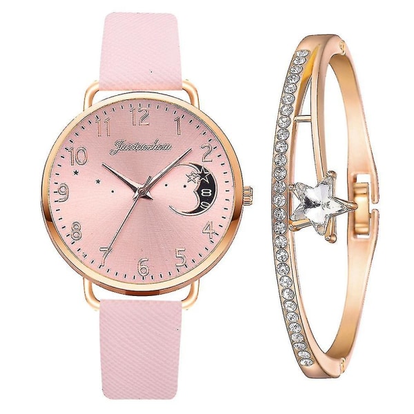 Damer Arabiska siffror kvarts watch armband Set med månmönster kalenderurtavla Giftpink