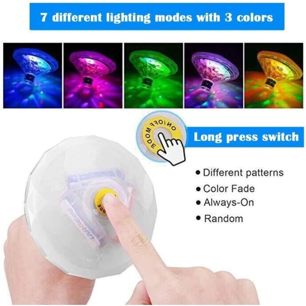Flytende LED-bassenglyslampe for badekar, diskotek, dam, svømmebasseng, barneleker, 7 moduser, assorterte farger, batteridrevet