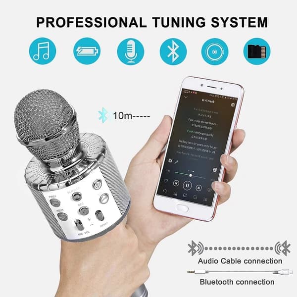 Bluetooth 4-i-1 Karaoke Trådløs Mikrofon med LED-lys, Bærbar Mikrofon