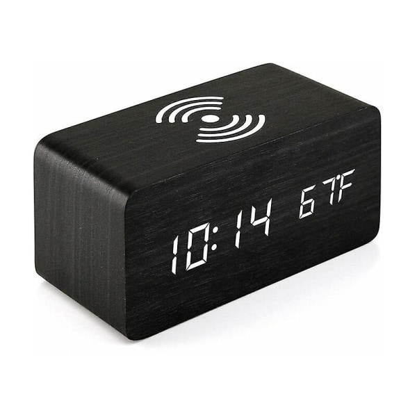 LED digital väckarklocka Desktop väckarklocka temperaturdisplay med trådlös laddare svart trä