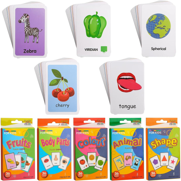 Pedagogiska Flash-kort, 5-pack Förskolelärande Flash-kort, Djur Färgform Frukter Kroppsdelar för småbarn Barn Barn Baby Tidig inlärning