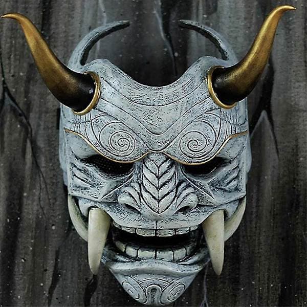 Halloween Cosplay Samurai Oni Maske Latex Hodeplagg Maskerade Maske Grå
