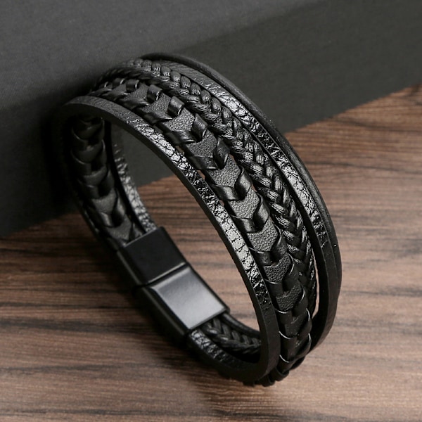 Fashion smycken titan stål insvept läderrep, handvävt läderrep armband, legering magnetiskt spänne armband Black 19CM