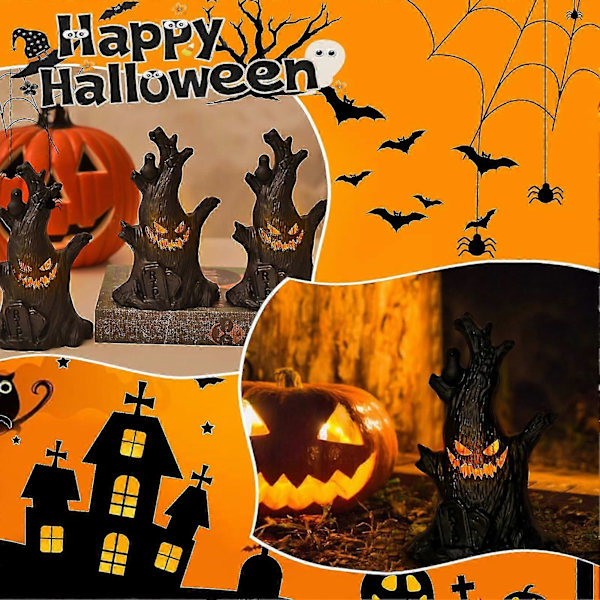 Halloween Spøgelsestræstub Med LED-lys, Træansigt Lysende LED-spøgelsestræstub Batteridrevet Til Halloweenfest 2 Pcs