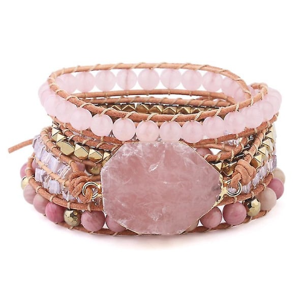 Natursten Armband Rosa Kvarts Läder Wrap Armband För Kvinnor Ädelstenar Kristall Pärlor Bohemia Smycken-haoyi