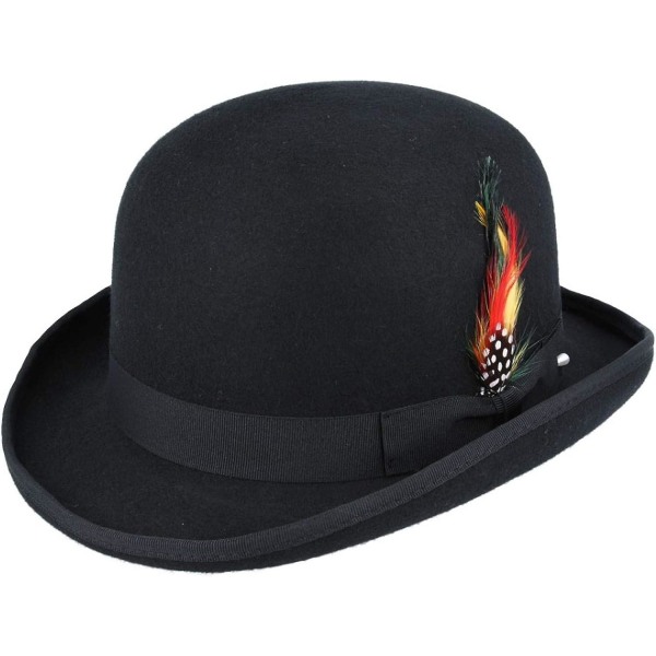 Unisex Hård Topp Ull Bowler Hatt Med Fjäder Satinfodrad Storlekar S Till Xl L Black