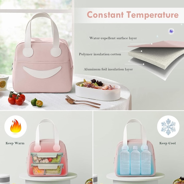 Isolerad lunchväska söt tote väska lätt att rengöra lunchlåda väska lämplig för kvinnor män flickor pojkar barn (rosa)