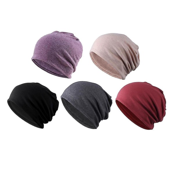 5-pack Slouchy Baggy Beanie Chemo Hat Cap Khaki + Svart + Grå + Vinröd + Lila