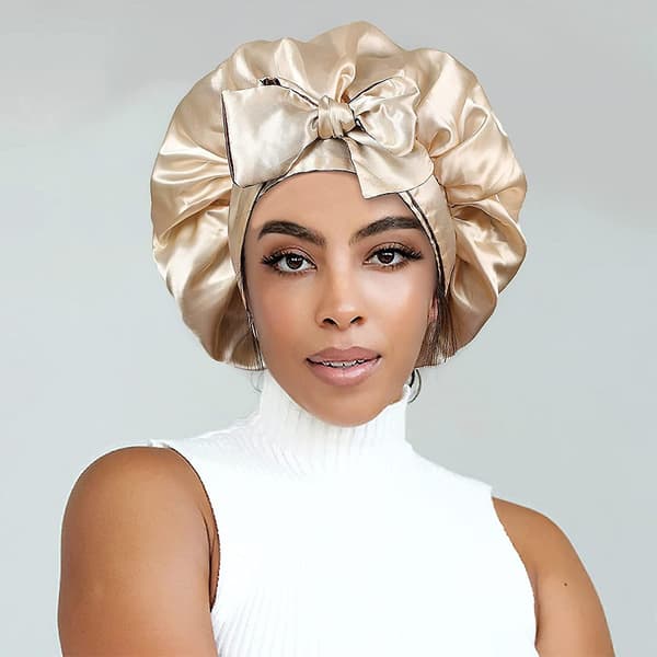 Satin Bonnet Silke Sovehætte Hårhuer Til Sorte Kvinder Elastisk Bånd Hår Brown and Champagne