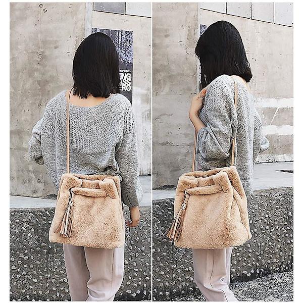 Kvinnor Höst Vinter Konstgjord Päls Axelväska Plysch Handväska Fluffy Hinkvässel Tofs Crossbody Väska Gray