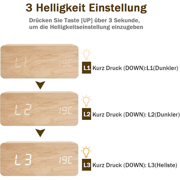 Trævækkeur Moderne LED Bordur Moderne LED Bordur Digital Vækkeur Stemme Touch Display Tid/dato/temperatur Til Hjem Soveværelse Kontor Brun Orange