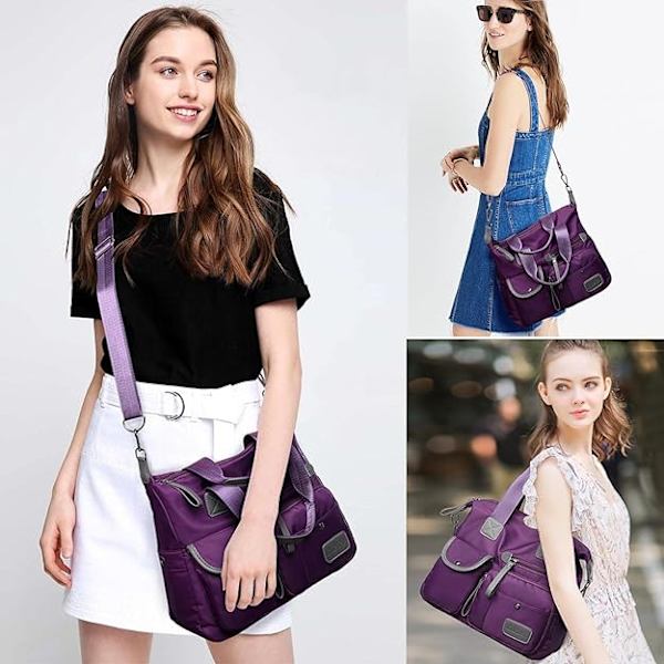 Naisten kangaskassi, suurikokoinen käsilaukku useilla taskuilla ja vetoketjulla, kevyt naisten olkalaukku, nailoninen crossbody-laukku (puhdas musta)