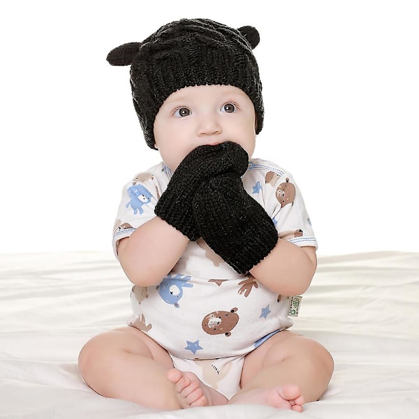Baby efterår og vinter hue og handske sæt M black