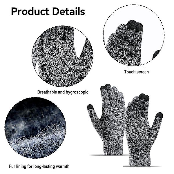 Vinterhandsker til mænd og kvinder - Strikkede handsker - Touchscreen-handsker - Skridsikre, fortykkede handsker Black and white