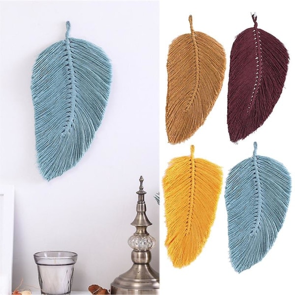 Macrame väggdekoration blad fjäder boho dekor bomullssnöre nordisk stil vävnad leksak barnrum tofsar dekor hem Yellow