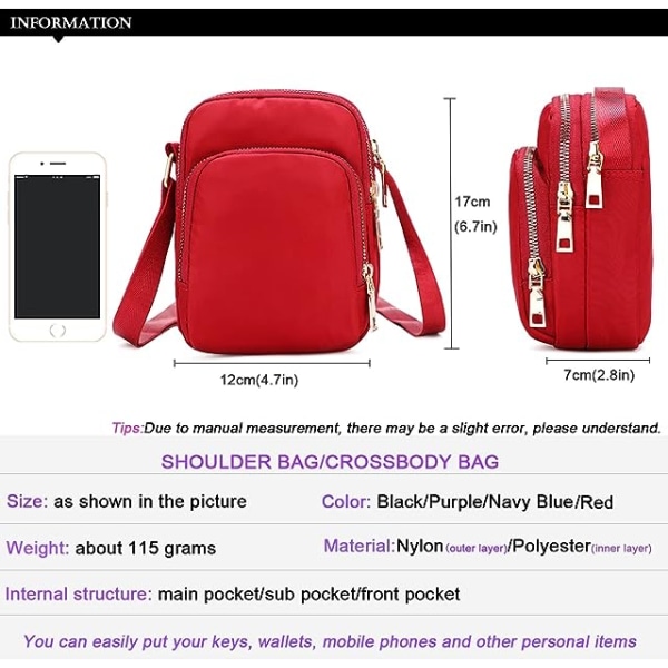 Cross Body telefonväska kvinnor, nylon , 3-lagers mobilväska med dragkedja med justerbar rem (röd)