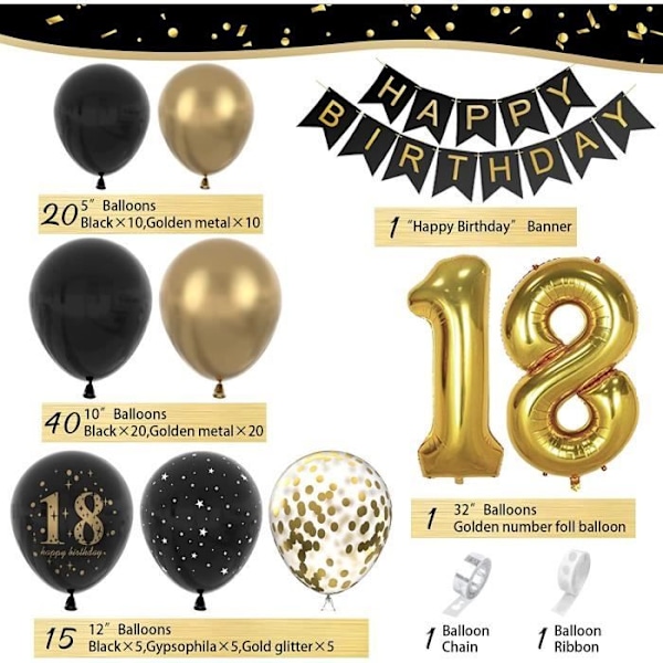 18 års fødselsdagsdekorationer, 18 års fødselsdagsfestdekorationer i sort guld, fødselsdagsballonbuesæt sort guldballon