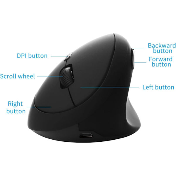 Ergonomisk Mus, Trådløs Mus Genopladelig Vertikal Mus med USB-modtager, 2,4 GHz Trådløs Mus, 6 Knapper, Justerbar DPI 800/1200/1600 Black
