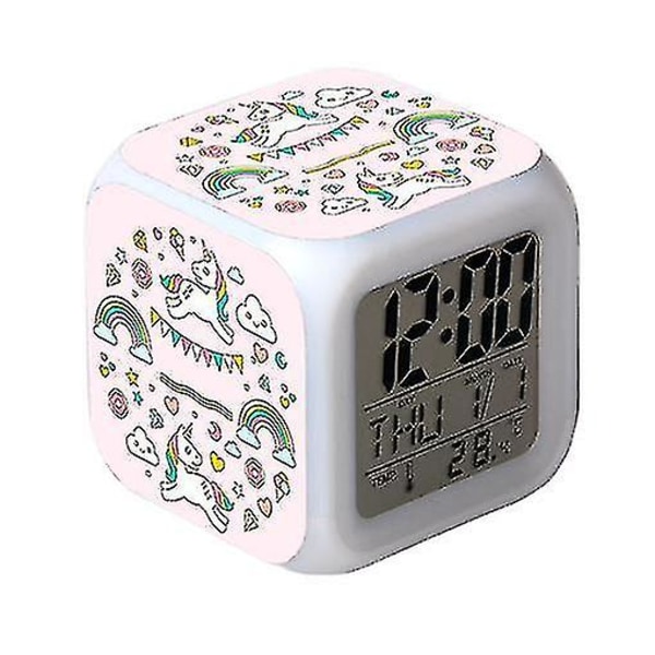 Unicorn färgglad väckarklocka Led fyrkantig klocka Digital väckarklocka med tid, temperatur, alarm, datum