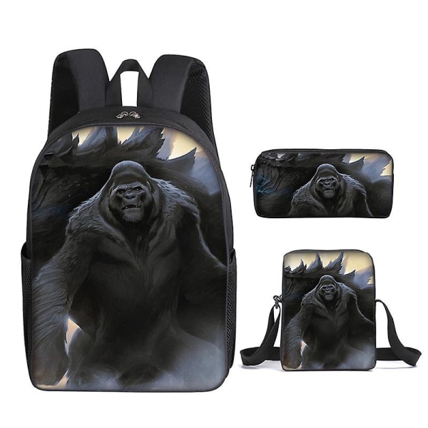 Barngåva Godzilla Vs. King Kong skolväska Tredelad ryggsäck + väska + case#1 G