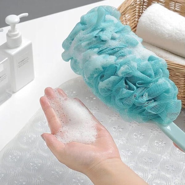 2 kappaletta luffa-kylpyharjaa pitkällä kahvalla, kylpy- ja suihkuseinän selkäpesin, vartaloharja miehille ja naisille, vaaleanpunainen ja sininen