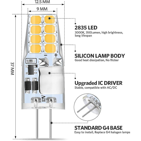 G4 LED Varm Hvid, 10 G4 LED Pære 12v, 3w Varm Hvid 3000k 16x 2835 Smd Erstatter 35w Halogenpære, Flimmerfri, G4 Pære 350 Lumen, 360 Strålevinkel,