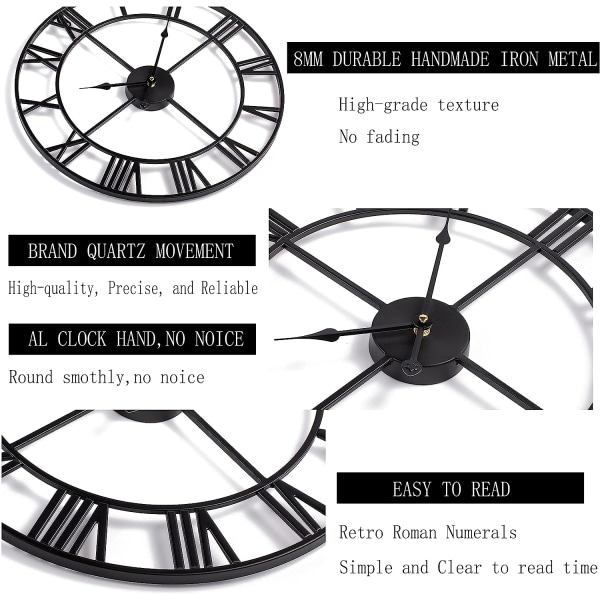 1. Egen stor veggklokke stille uten tikkende romertall vintage batteridrevet (24in, 18in, 16in) Farmhouse veggklokke - Svart 40cm