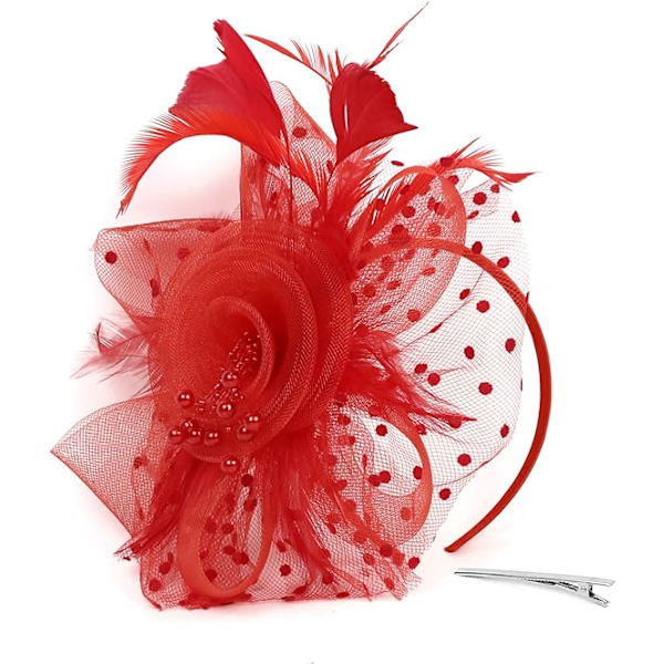 Fascinator Hat til kvinder, damer, bryllup, te-selskab, flapper, pillbox hat, Ascot-hat, fjerblomst (rød)
