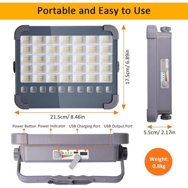 6000W Oppladbar LED Flomlys, Byggeplasslys med Solcellepanel, 5 Lysmoduser, Ideelt Arbeidslys for Camping og Byggeplasser