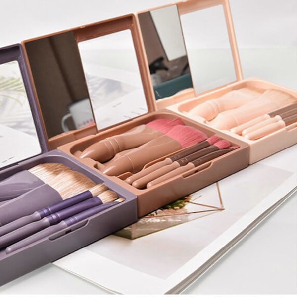 5 st Resestorlek Sminkborstar Set Mini Sminkborstar Litet Komplett Funktion Kosmetiska Borstar Kit Med Fodral Och Spegel Perfekt För På Språng Purple