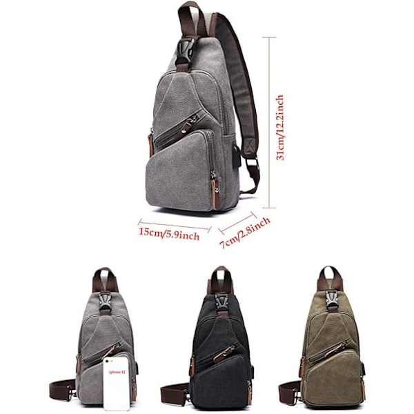 Canvas Sling Bag Crossbody Ryggsäck Axelväska Casual Ryggsäck för Män Kvinnor Utomhus Cykling Vandring Resa Fiske Shopping Trekking Grey