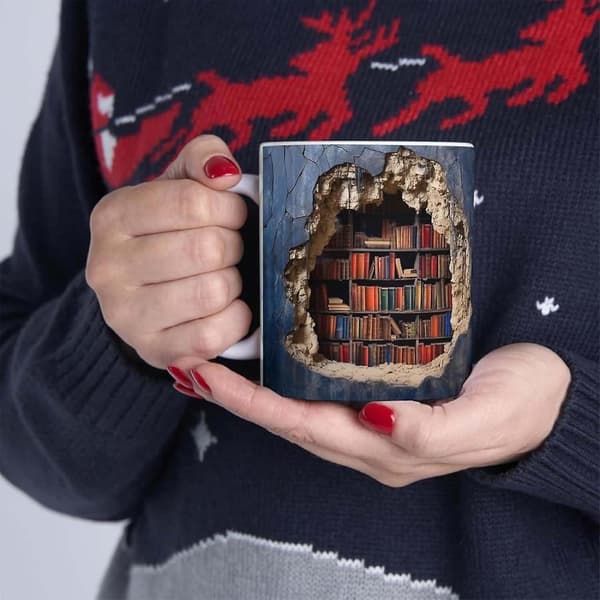 3D-bokhyllemugg, 3D-effektboksmuggar, kreativ rymddesign multifunktionell keramikmugg, kaffemuggpresent till bokälskare C