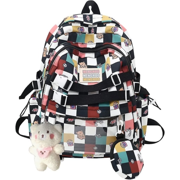 Söt Kawaii-ryggsäck för tonårsflickor med docka, moderutig ryggsäck för skolryggsäck med rutigt mönster. (svart) (hy)