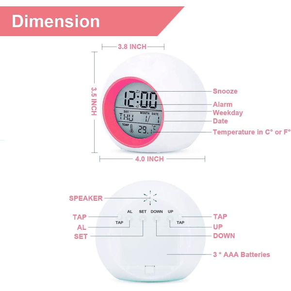Lasten digitaalinen herätyskello 7 väriä Yövalo Lämpötilan tunnistus Opiskelija Paristokäyttöinen (punainen) (hy)