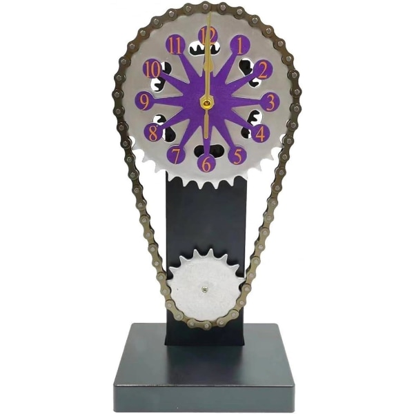 Vintage pyörivä hammaskellopöytäkello, Steampunk-kello liikkuvilla vaihteilla, personoitu luova metallinen jakoketjukello, olohuoneen toimistotiloihin Purple