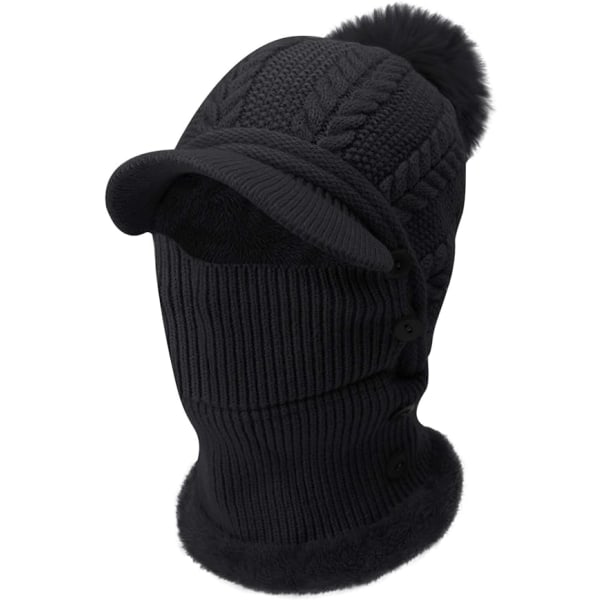 Dame Vinter Varm Strik Baseball Cap Ansigtsbandana Hals Gaiter med Fluffy Pom Pom (Sort)